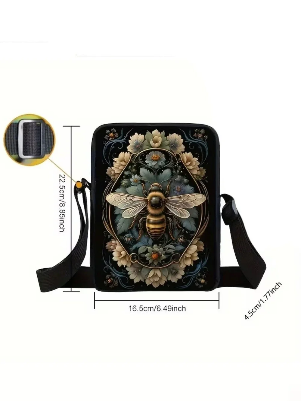Bumblebee Garden Crossbody Bag Adjustable Strap Yellow Black Bee Print Purse